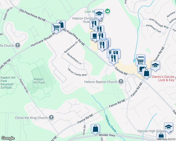 map of restaurants, bars, coffee shops, grocery stores, and more near 2075 Beckenham Place in Dacula