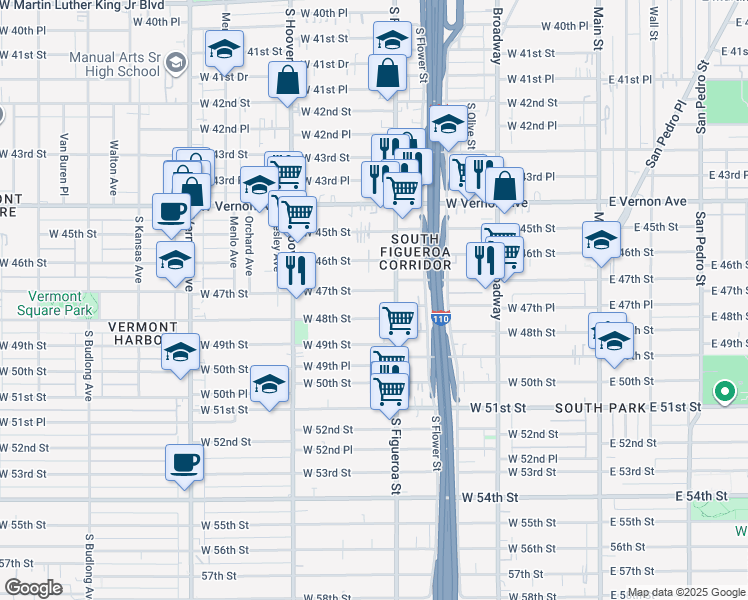 map of restaurants, bars, coffee shops, grocery stores, and more near 534 West 47th Street in Los Angeles
