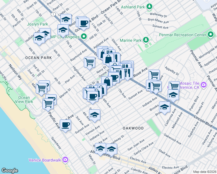 map of restaurants, bars, coffee shops, grocery stores, and more near 237 Bernard Avenue in Los Angeles