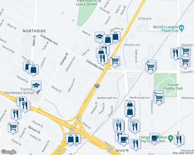 map of restaurants, bars, coffee shops, grocery stores, and more near 1309 West La Cadena Drive in Riverside