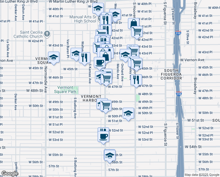 map of restaurants, bars, coffee shops, grocery stores, and more near 972 West 47th Street in Los Angeles