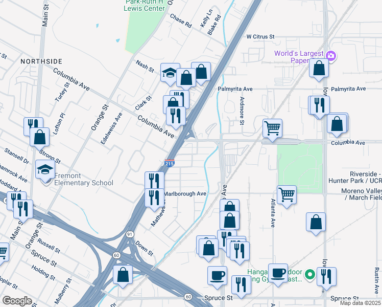 map of restaurants, bars, coffee shops, grocery stores, and more near 1911 Spring Garden Street in Riverside