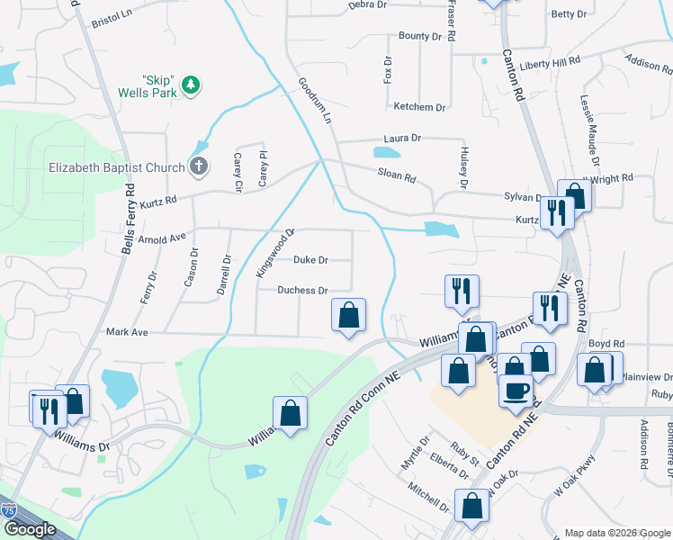 map of restaurants, bars, coffee shops, grocery stores, and more near 552 Duke Drive in Marietta