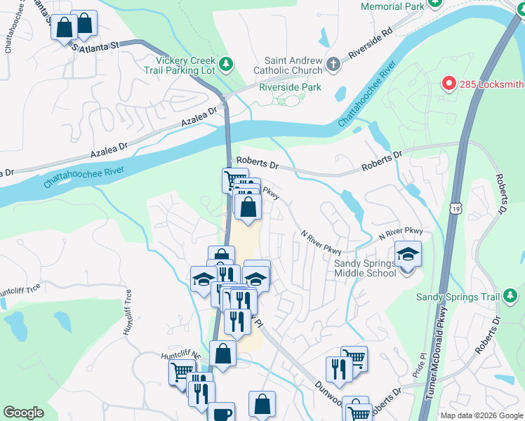 map of restaurants, bars, coffee shops, grocery stores, and more near 345 Winding River Drive in Atlanta