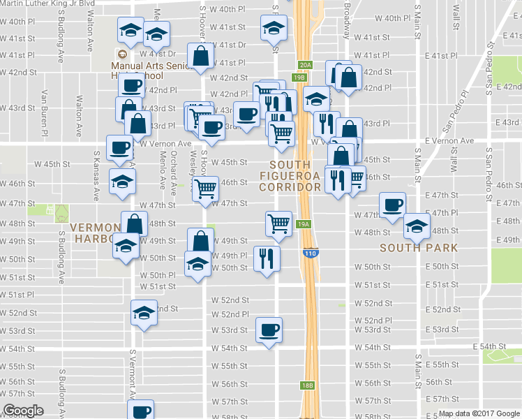 map of restaurants, bars, coffee shops, grocery stores, and more near 534 West 47th Street in Los Angeles