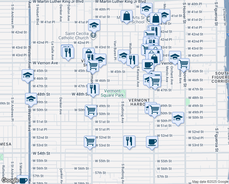 map of restaurants, bars, coffee shops, grocery stores, and more near 1248 West 47th Street in Los Angeles