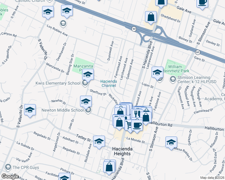map of restaurants, bars, coffee shops, grocery stores, and more near 1821 Farmstead Avenue in Hacienda Heights