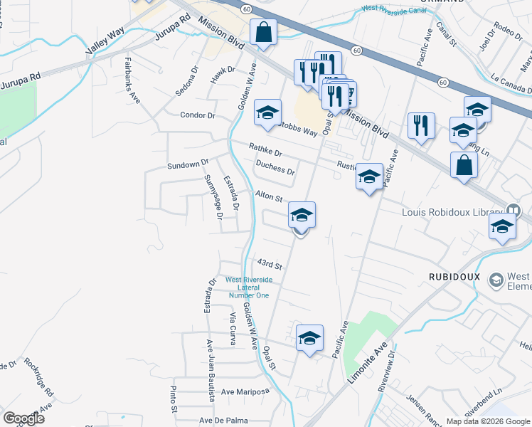 map of restaurants, bars, coffee shops, grocery stores, and more near 4170 Sue Lane in Riverside