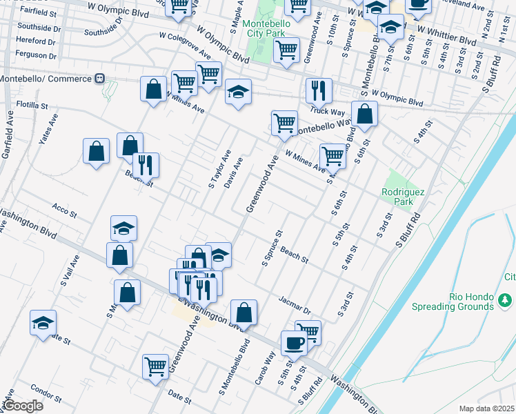 map of restaurants, bars, coffee shops, grocery stores, and more near 728 Greenwood Avenue in Montebello