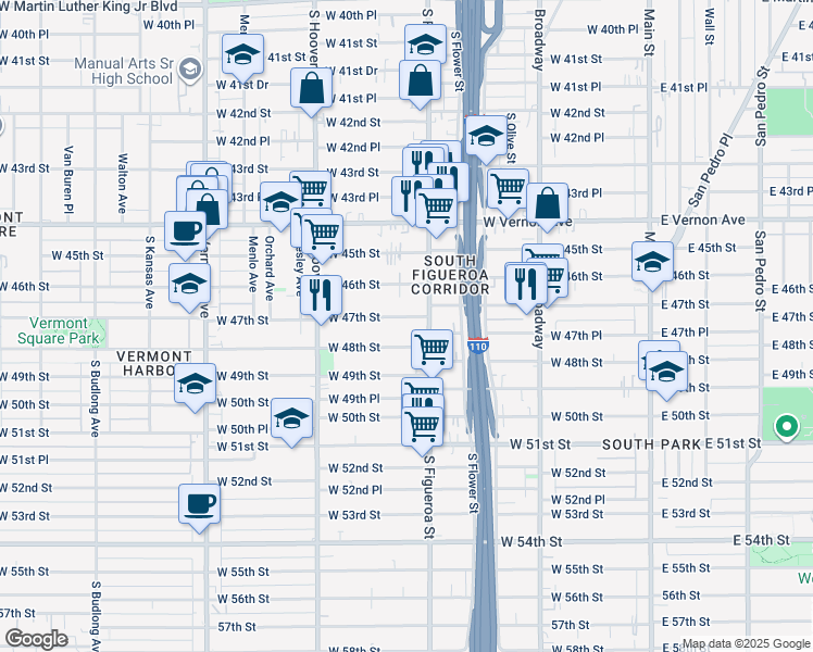 map of restaurants, bars, coffee shops, grocery stores, and more near 544 West 47th Street in Los Angeles