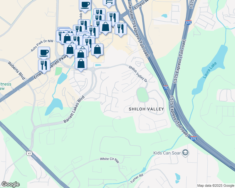 map of restaurants, bars, coffee shops, grocery stores, and more near 1950 Barrett Lakes Boulevard in Kennesaw