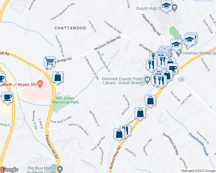 map of restaurants, bars, coffee shops, grocery stores, and more near 3325 McClure Woods Court in Duluth