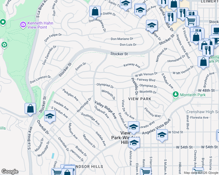 map of restaurants, bars, coffee shops, grocery stores, and more near 4058 Olympiad Drive in View Park-Windsor Hills