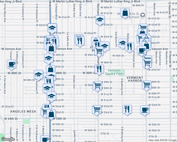 map of restaurants, bars, coffee shops, grocery stores, and more near 1453 West 48th Street in Los Angeles