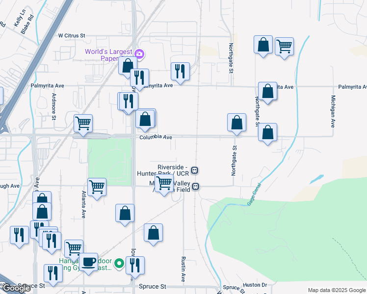 map of restaurants, bars, coffee shops, grocery stores, and more near 1084 Columbia Avenue in Riverside