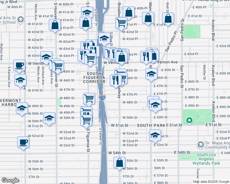 map of restaurants, bars, coffee shops, grocery stores, and more near 323 West 47th Place in Los Angeles