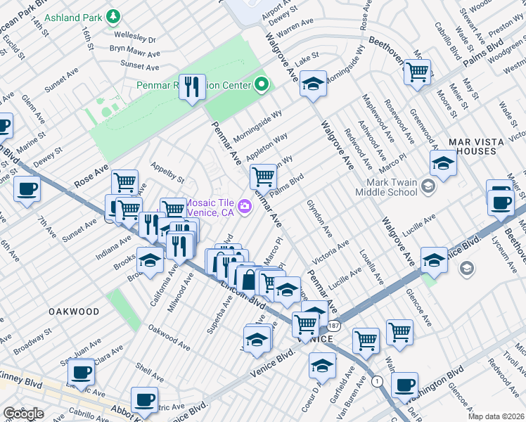 map of restaurants, bars, coffee shops, grocery stores, and more near 1138 Palms Boulevard in Los Angeles