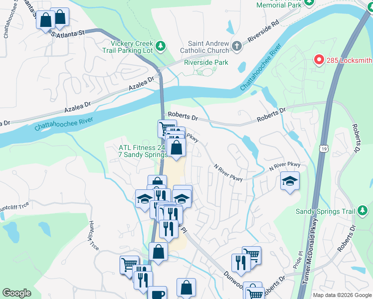 map of restaurants, bars, coffee shops, grocery stores, and more near 355 Winding River Drive in Atlanta