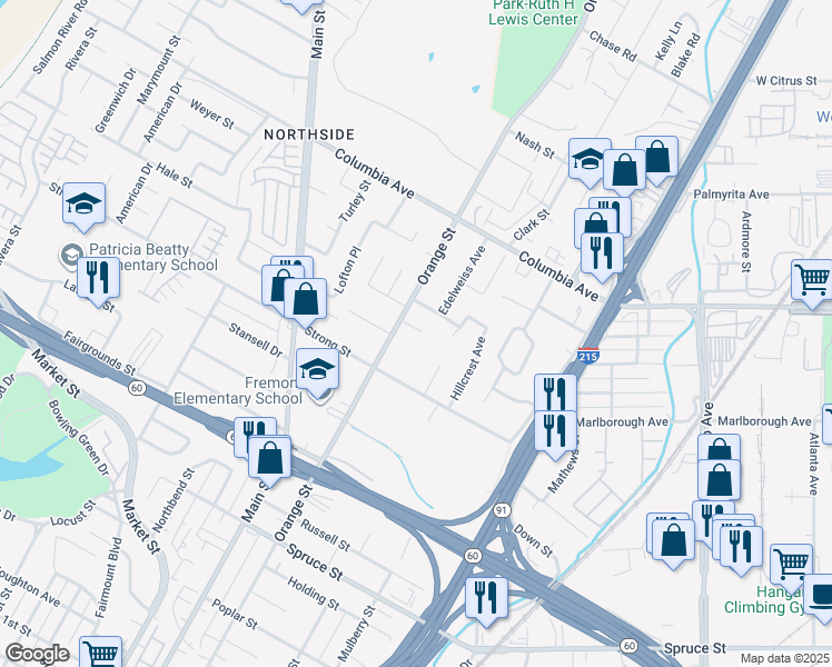 map of restaurants, bars, coffee shops, grocery stores, and more near 3518 Tyco Drive in Riverside