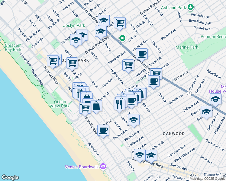 map of restaurants, bars, coffee shops, grocery stores, and more near 3101 5th Street in Santa Monica