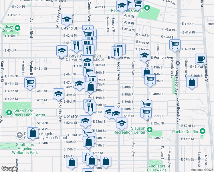 map of restaurants, bars, coffee shops, grocery stores, and more near 1208 East 47th Place in Los Angeles
