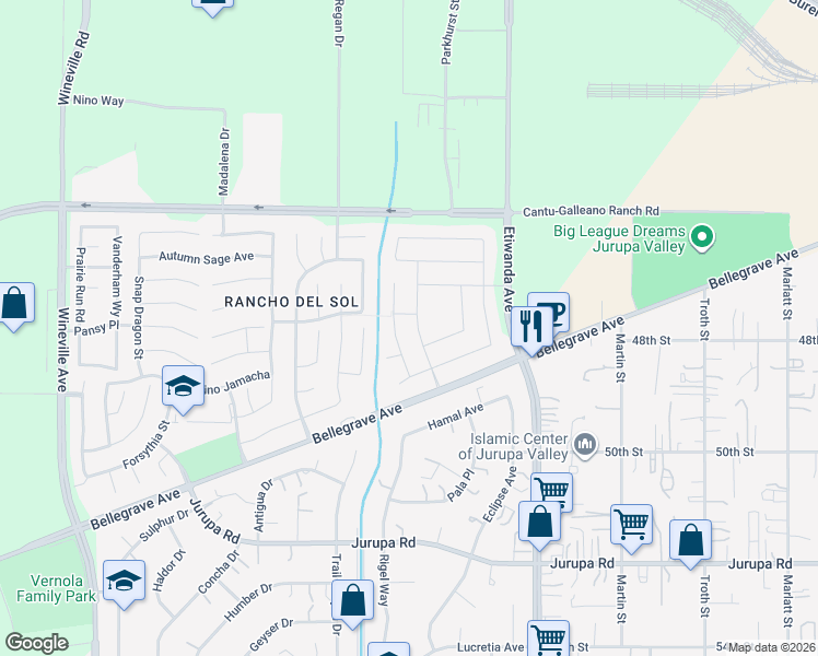 map of restaurants, bars, coffee shops, grocery stores, and more near 4797 Hot Creek Road in Jurupa Valley