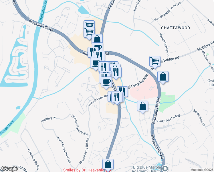 map of restaurants, bars, coffee shops, grocery stores, and more near 3585 Peachtree Industrial Boulevard in Duluth