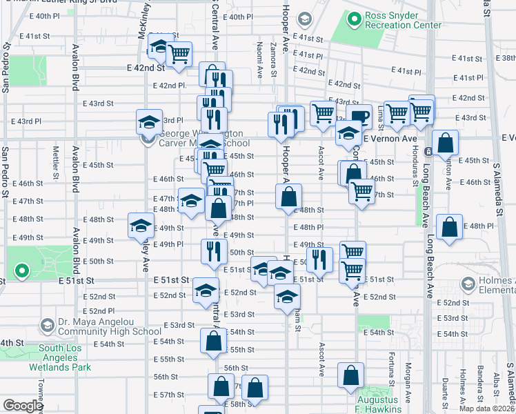 map of restaurants, bars, coffee shops, grocery stores, and more near 1208 East 47th Place in Los Angeles