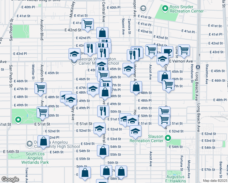 map of restaurants, bars, coffee shops, grocery stores, and more near 1140 East 47th Place in Los Angeles