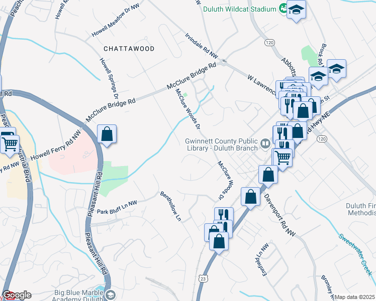 map of restaurants, bars, coffee shops, grocery stores, and more near 3607 Willbrooke Run in Duluth