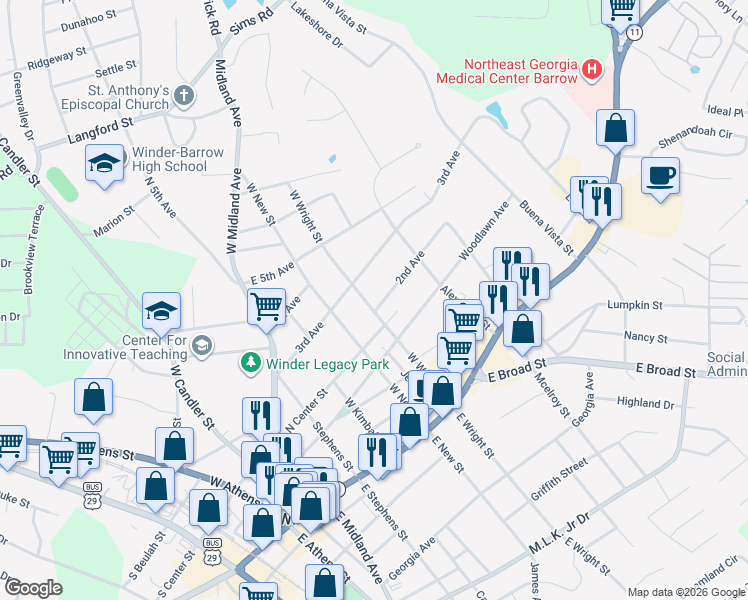 map of restaurants, bars, coffee shops, grocery stores, and more near 85 West Wright Street in Winder