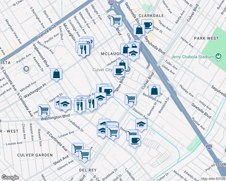 map of restaurants, bars, coffee shops, grocery stores, and more near 11609 Washington Boulevard in Los Angeles