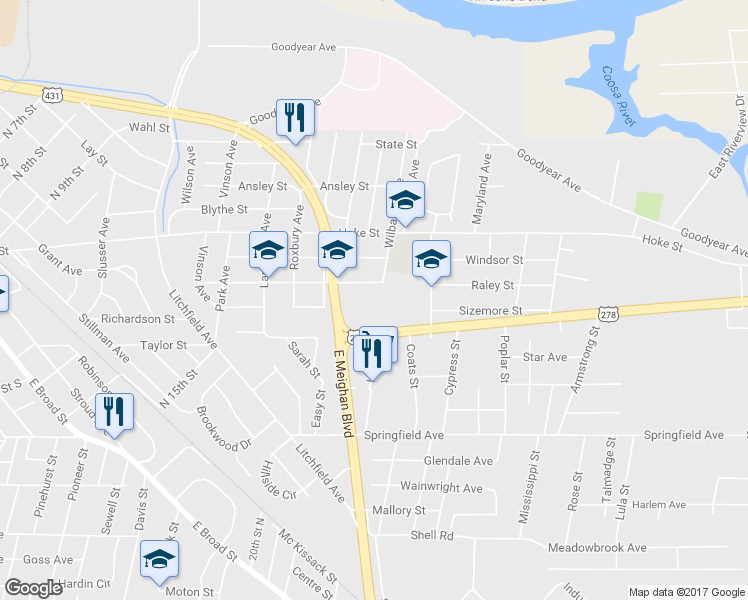 map of restaurants, bars, coffee shops, grocery stores, and more near 919 Raley Street in Gadsden