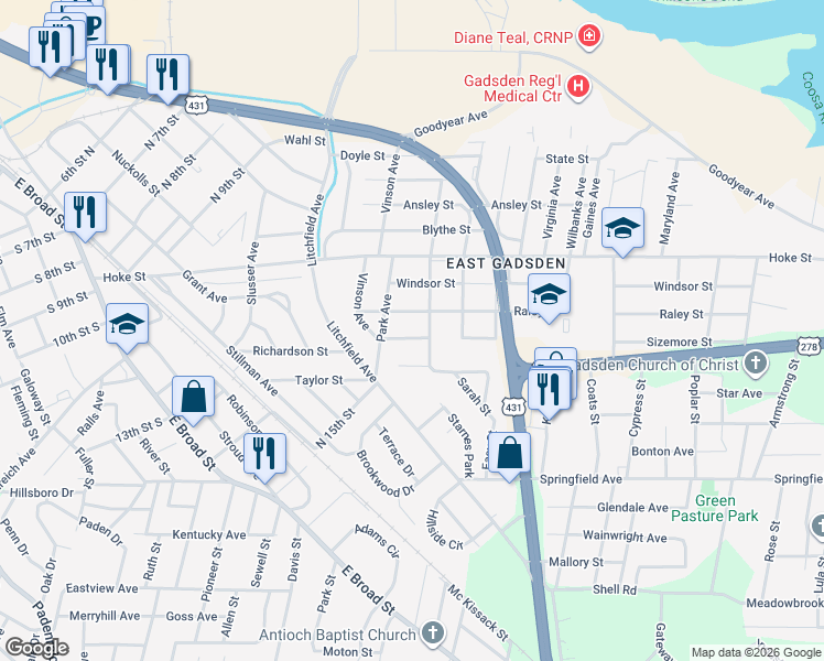 map of restaurants, bars, coffee shops, grocery stores, and more near 610 Sizemore Street in Gadsden