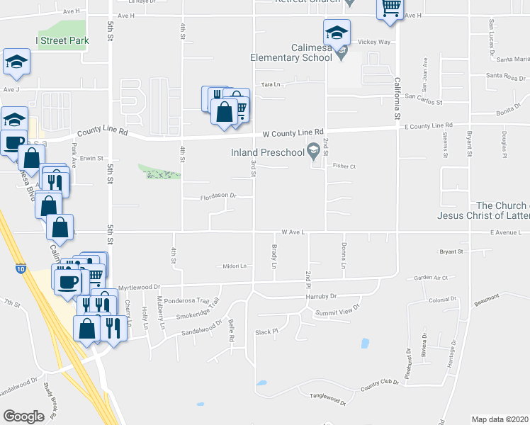 map of restaurants, bars, coffee shops, grocery stores, and more near 1001 3rd Street in Calimesa