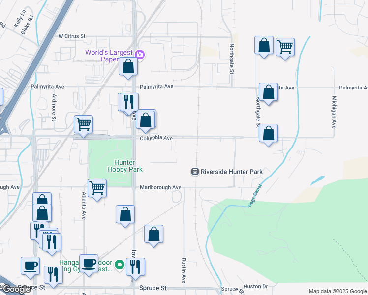 map of restaurants, bars, coffee shops, grocery stores, and more near 1088-1200 Columbia Avenue in Riverside