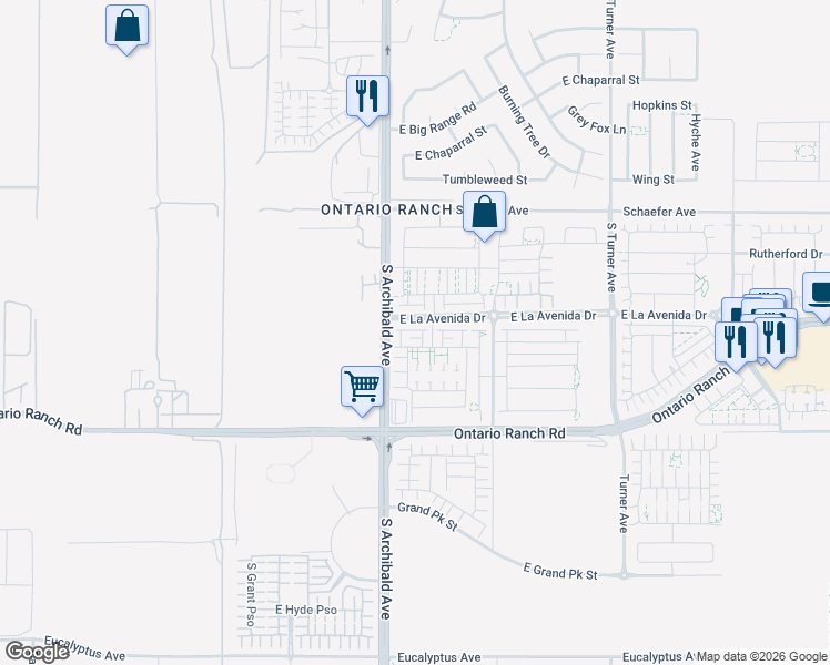 map of restaurants, bars, coffee shops, grocery stores, and more near 2747 East La Avenida Drive in Ontario