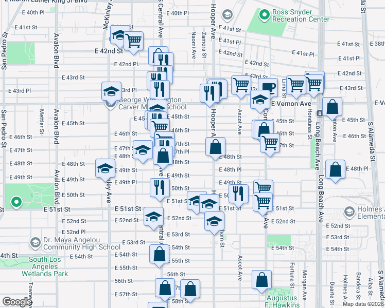 map of restaurants, bars, coffee shops, grocery stores, and more near 1208 East 47th Place in Los Angeles