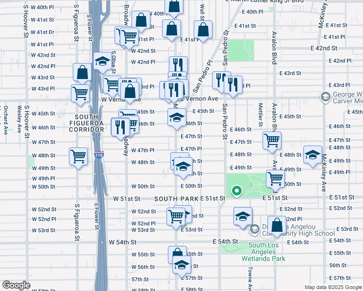 map of restaurants, bars, coffee shops, grocery stores, and more near 4724 South Main Street in Los Angeles