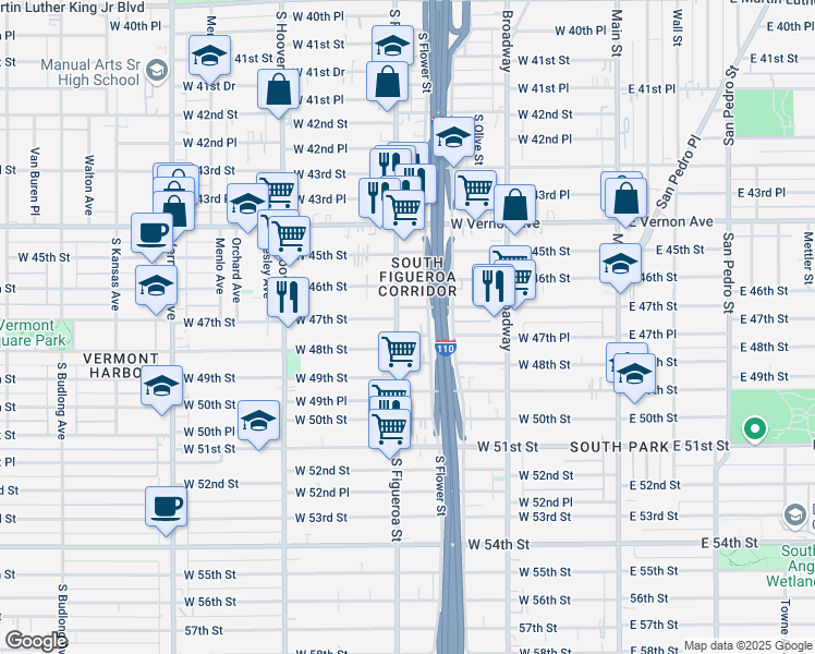 map of restaurants, bars, coffee shops, grocery stores, and more near 4720 South Figueroa Street in Los Angeles