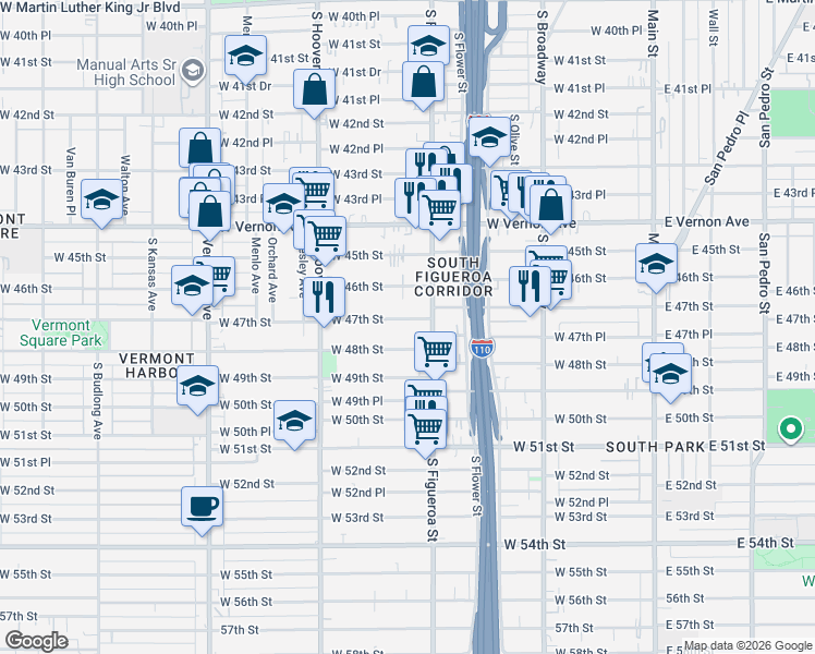 map of restaurants, bars, coffee shops, grocery stores, and more near 544 West 47th Street in Los Angeles