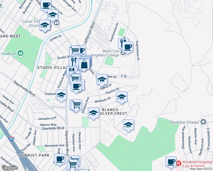 map of restaurants, bars, coffee shops, grocery stores, and more near 10753 Galvin Street in Culver City
