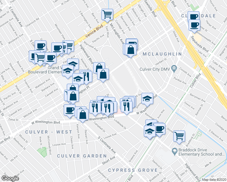 map of restaurants, bars, coffee shops, grocery stores, and more near 4107 Marcasel Avenue in Los Angeles