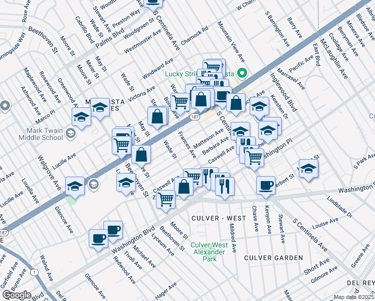 map of restaurants, bars, coffee shops, grocery stores, and more near 12547 Matteson Avenue in Los Angeles