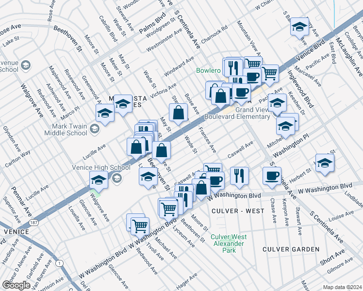 map of restaurants, bars, coffee shops, grocery stores, and more near 12732 Venice Boulevard in Los Angeles