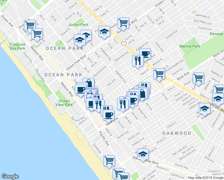 map of restaurants, bars, coffee shops, grocery stores, and more near 4 Marine Street in Santa Monica
