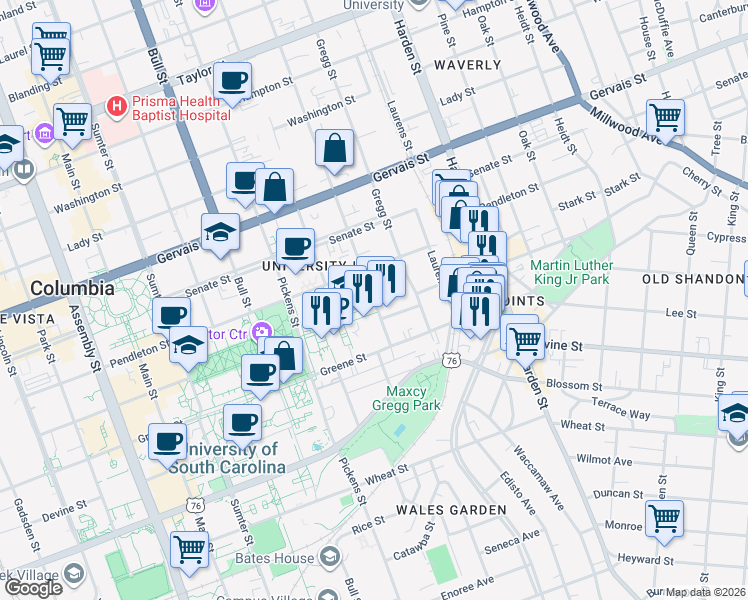 map of restaurants, bars, coffee shops, grocery stores, and more near 1705 College Street in Columbia