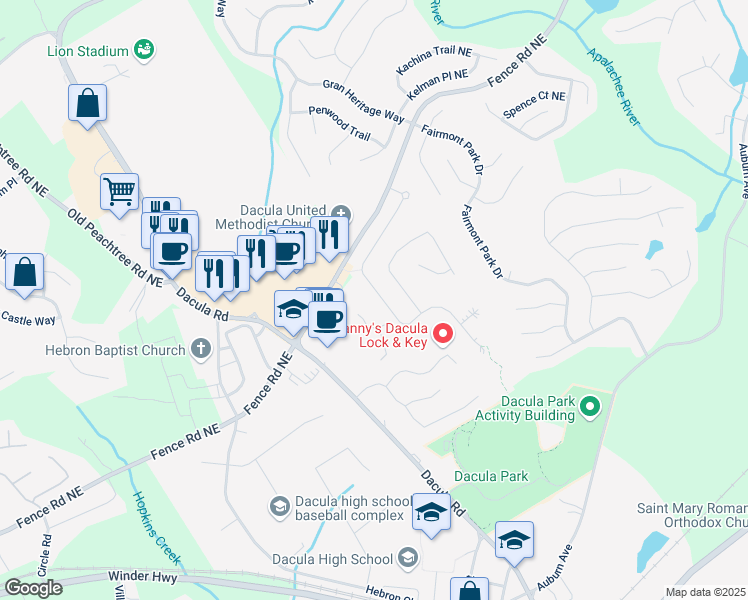 map of restaurants, bars, coffee shops, grocery stores, and more near 332 Hinton Farm Way in Dacula