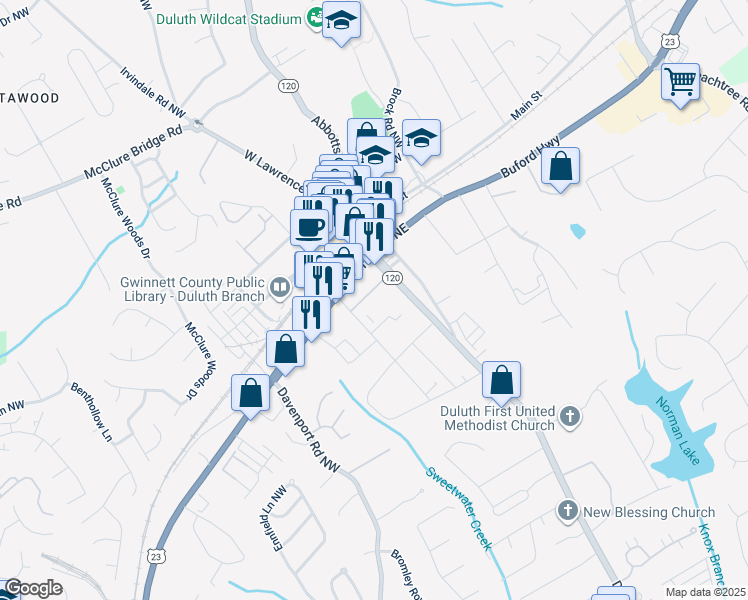 map of restaurants, bars, coffee shops, grocery stores, and more near 309 Buford Highway in Duluth