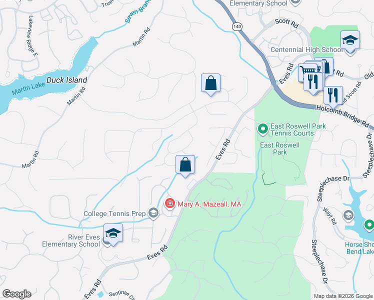 map of restaurants, bars, coffee shops, grocery stores, and more near 9119 Branch Valley Way in Roswell